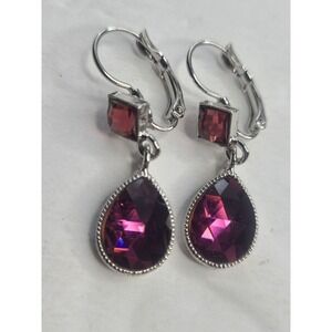 Elegant Silvertone & Purple Crystal Drop Earrings